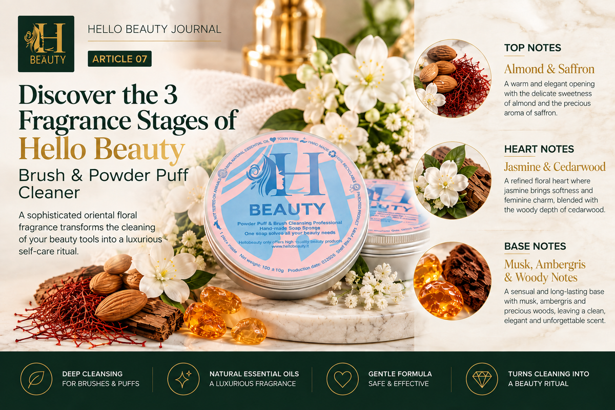 Discover the 3 Fragrance Stages of Hello Beauty Brush & Powder Puff Cleanser