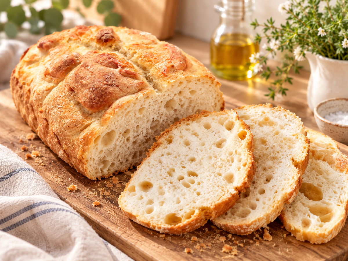 Warm homemade bread and sliced loaf in a sunlit kitchen