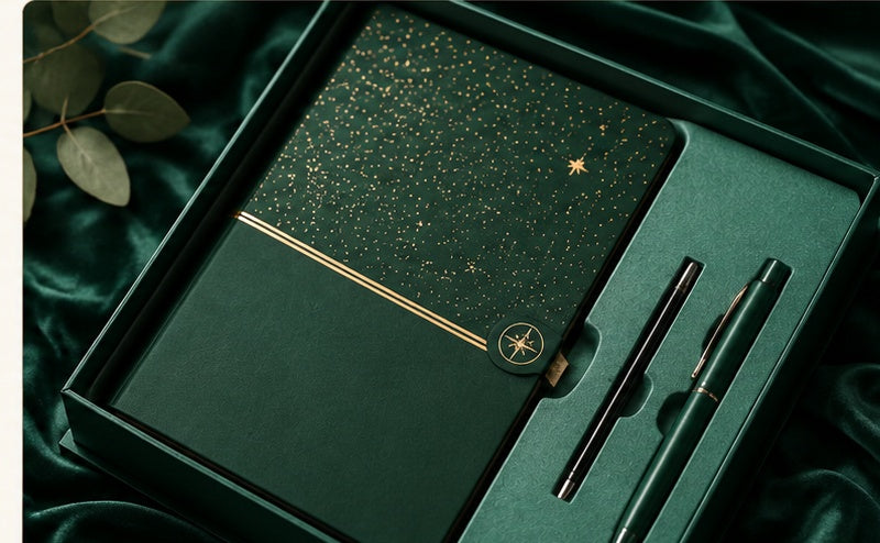 Green and gold diary notebook in a presentation box